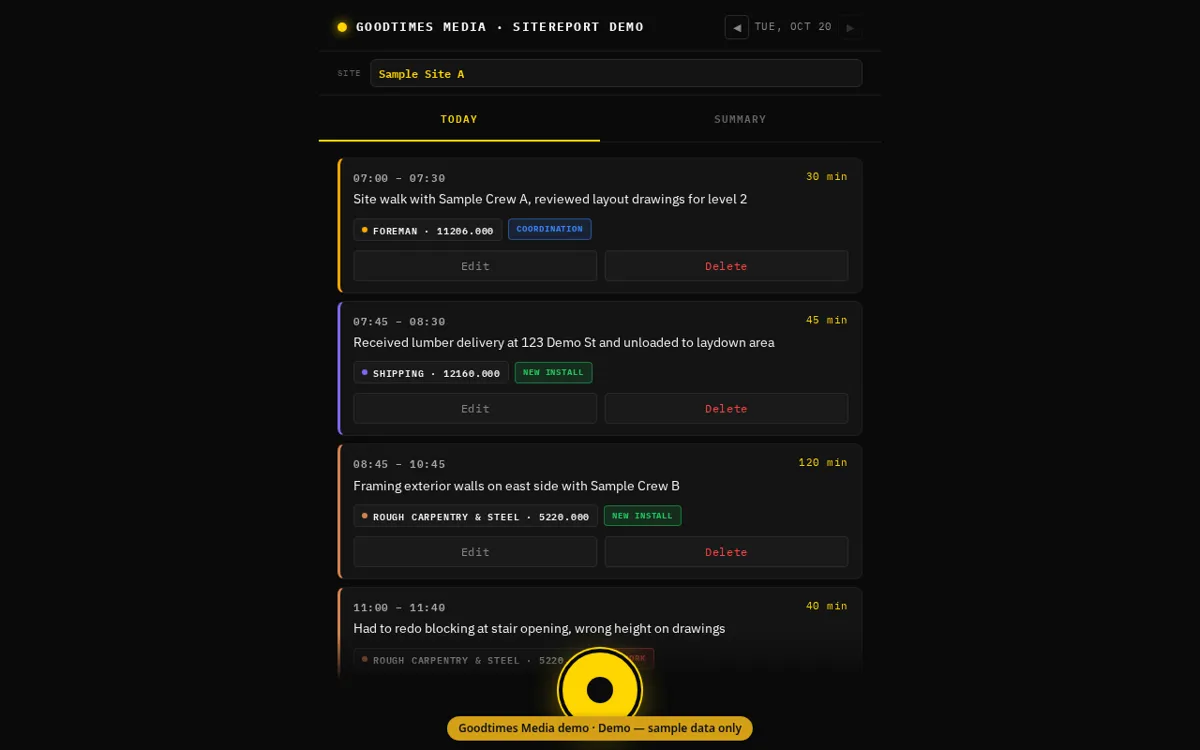 SiteReport demo screenshot